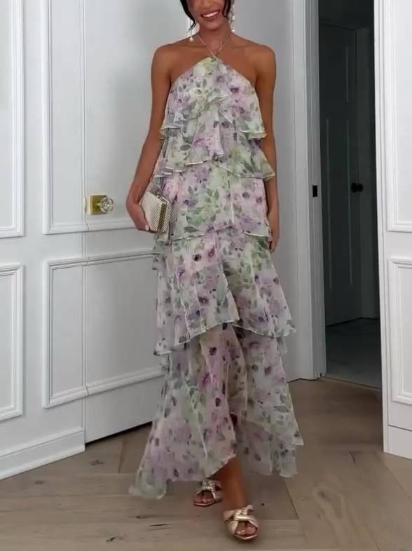 Vestido Floral con Volantes en Capa y Cuello Halter