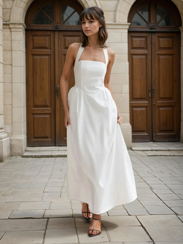 Vestido Largo A Línea de Algodón y Lino Simple y Chic