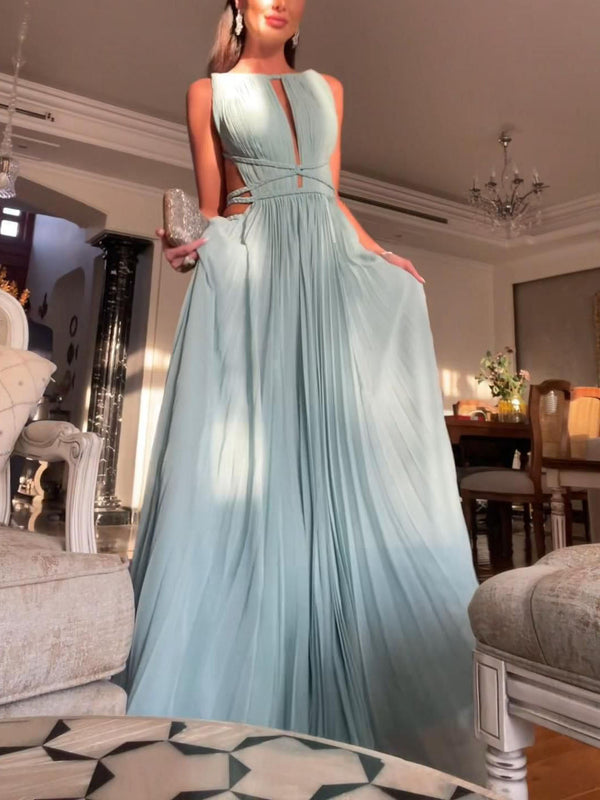 Vestido Maxi Plisado Sin Mangas con Espalda Hueca Elegante