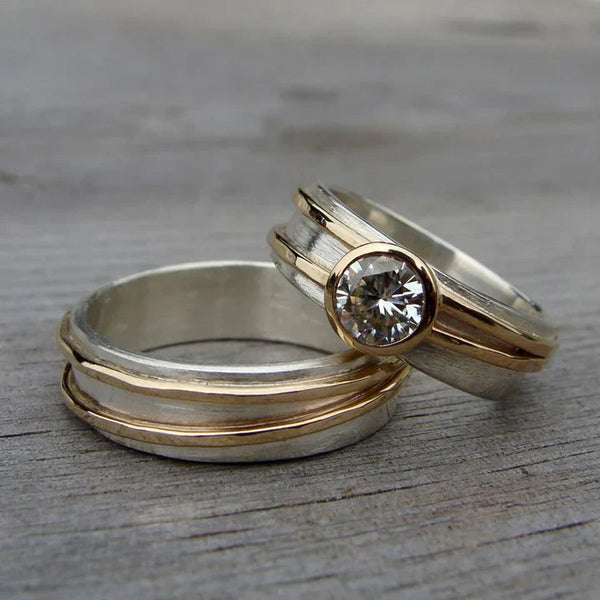 Conjunto de anillos vintage en oro y plata con zirconia