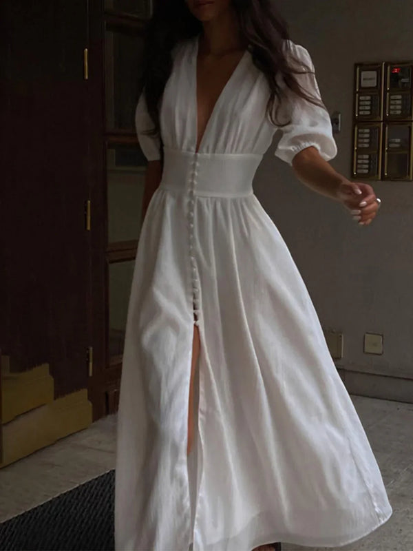 Vestido Largo con Botones y Mangas Abullonadas