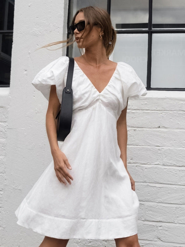 Vestido de Algodón con Cuello en V y Mangas Abullonadas sin Espalda
