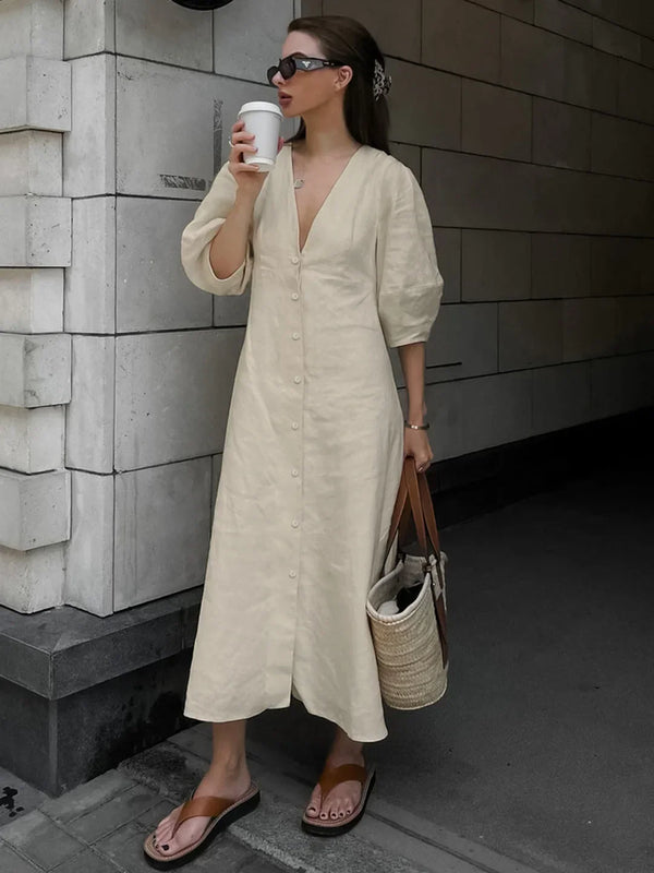 Vestido Largo Anudado de Algodón y Lino con Botones