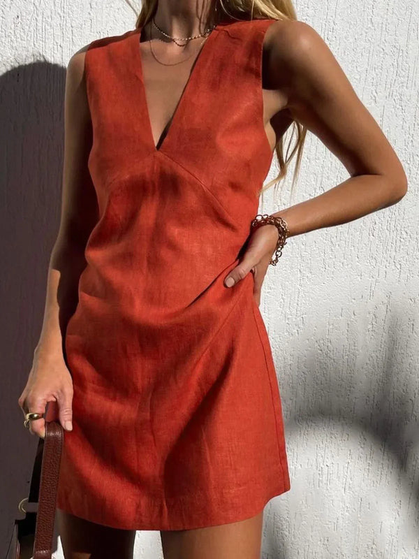Vestido Corto de Algodón y Lino con Escote en V Casual
