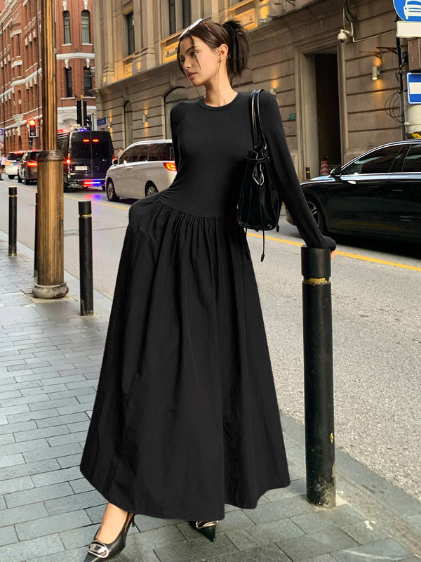 Vestido Plisado de Manga Larga Sencillo