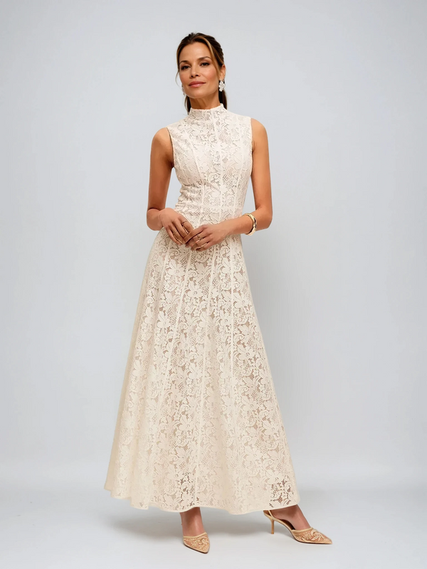 Vestido Sin Mangas de Encaje Semitransparente con Cuello Alto