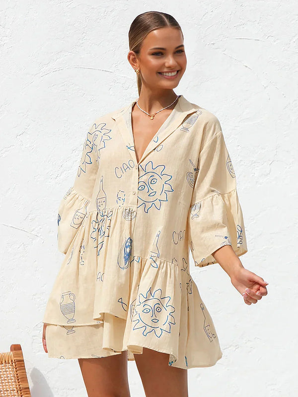 Vestido Corto de Estilo Casual con Estampado de Sol Oversized