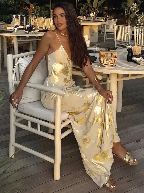 Vestido Largo Sin Espalda con Estampado Metálico y Escote en V