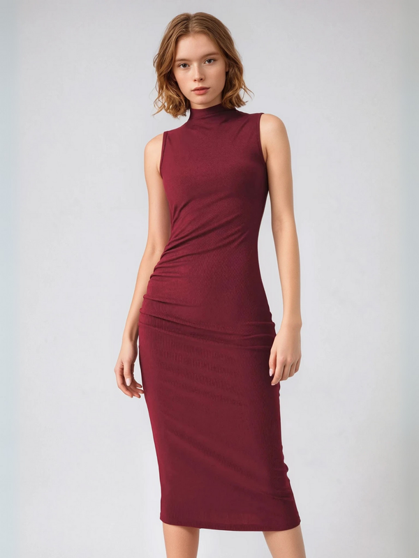 Vestido Sin Mangas con Cuello Redondo, Plisado y Con Abertura