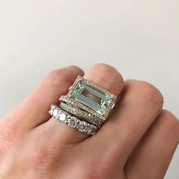 Conjunto de anillos de vidrio turquesa plateado vintage