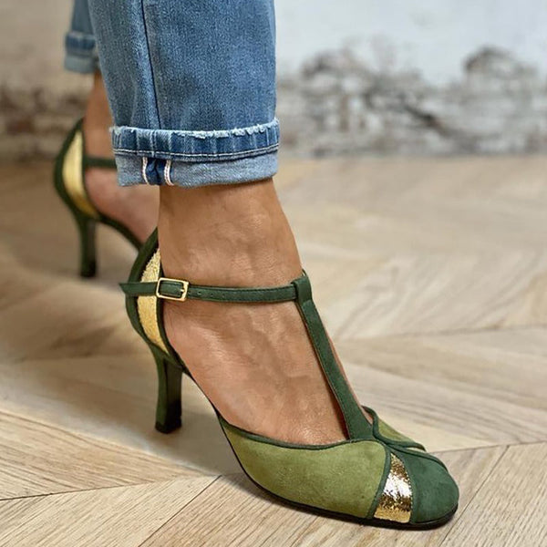Taviana | Tacones de patchwork con tira T y punta cerrada