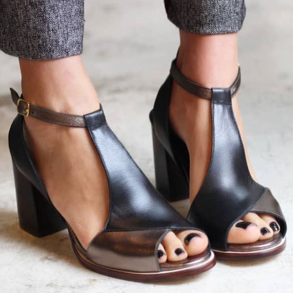 Nadaria | Sandalias peep toe patchwork negras con tacón