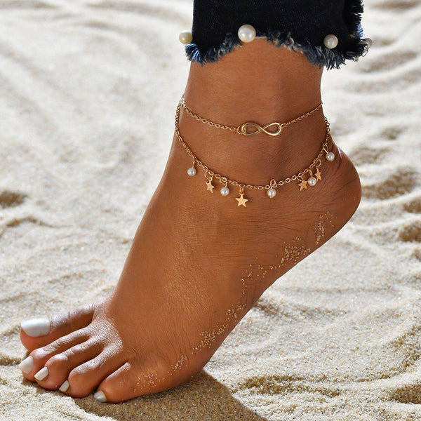 Pulsera de Tobillo Infinito + Perlas y Estrellas